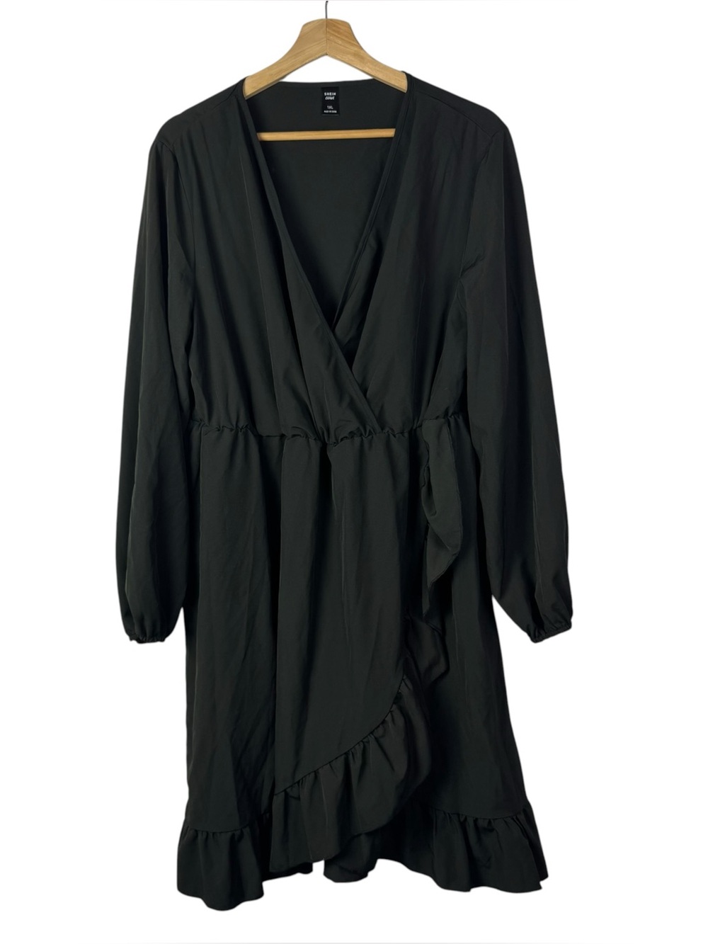 Shein Curve Black Long Sleeve Wrap Bust Ruffle Mini Dress 1XL